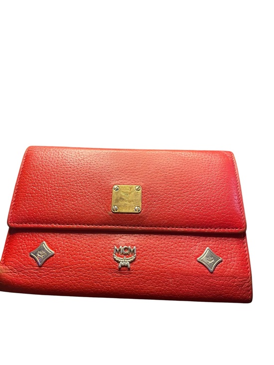 MCM Handbags - Authentic Vintage MCM Red Pebbled Leather Studded Trifold Wallet – Gold Hardware
